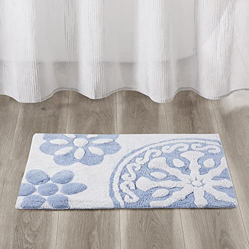 Madison Park Casablanca 100% Cotton Tufted Bathroom Rugs Luxurious Plush Medallion Floral Pattern Bath Mat Absorbent, Quick Dry, Spa Design Shower Room Décor, Rectangular 20X30, Blue #TOP16