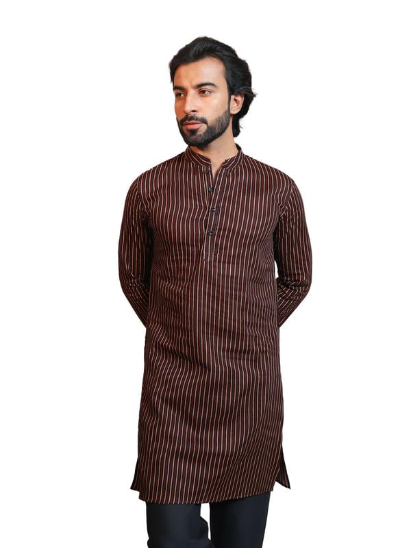 Image of Vastraa Fusion Men's Printed Kurta Pure Cotton Long Kurta, Round Collar, Full Sleeves, Button Kurta, Ethnic Wear