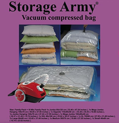 Storage Army [10 MIX Family Pack] Storage Bags [One from All] Jumbo, Mega Jumbo Hanging, Gigantic, Jumbo Hanging, Mega Jumbo, XXL, XL, L, M & S Seal Compressed Vacuum Bag Storage Saver Organizer Space
