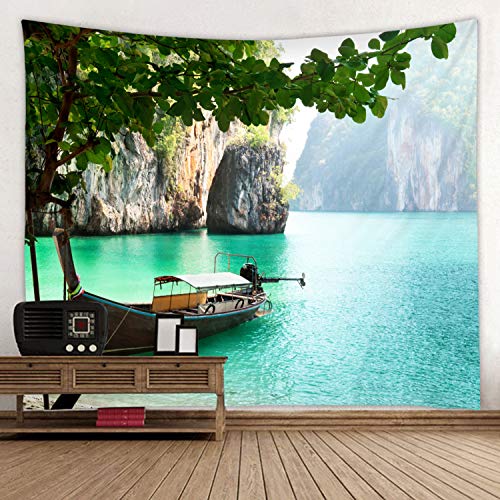 Wodejia Fabric Tapestry Decor Wall Art Tapestries Bedroom Hall Dorm Living Room Hanging Bedding 79 X 59 Inches Green Lake Boat Print #TOP4