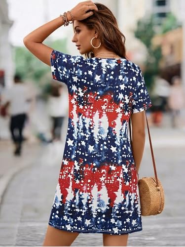 Image of MYHALF 4th of July Patriotic Dress for Women - American Flag V Neck T Shirt Dress Red White and Blue Summer Dresses
