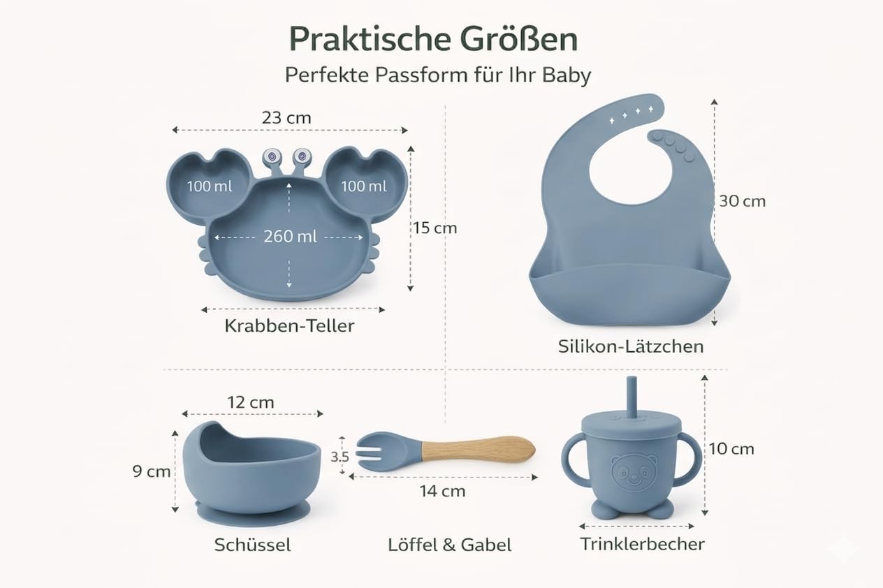 Eliano Lot de 6 assiettes en silicone pour bébé avec assiette crabe – Vaisselle antidérapante pour bébé avec ventouse, gobelet avec paille, cuillère, fourchette et bavoir – Sans BPA, passe au