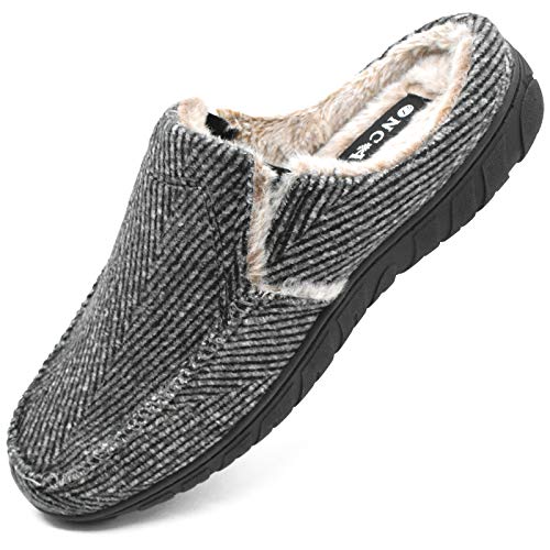 ONCAI Pantoufles Homme Hiver Extérieur Rayures Chaussons Maison Antidérapant Toison de Peluche Doublure Intérieur Confortable Mules de Mousse à Mémoire Gris EU 43 Cover