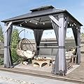 COVERONICS 10FT x 10FT Outdoor Wood Gazebo - Patio Wooden Gazebo with Galvanized Steel Hardtop, Heavy-Duty Double Roof Pavilion with Netting & Curtains for Garden, Poolside, Deck, Backyard