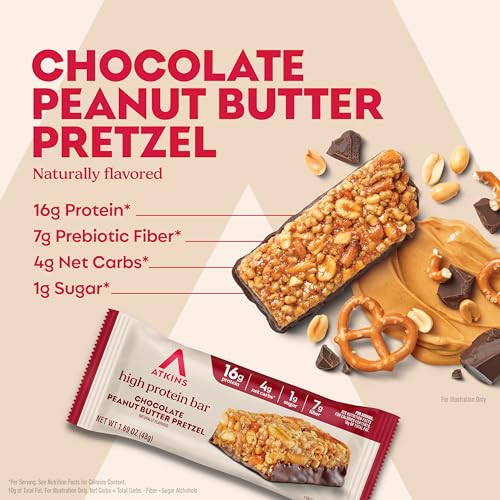 Image of Atkins Chocolate Peanut Butter Pretzel High Protein Bar, High Fiber, 16g Protein, 1g Sugar, 4g Net Carbs, Keto Friendly, 12 Count
