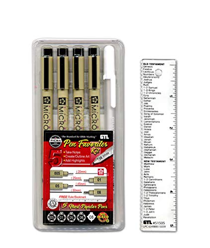 GTL Pigma Micron Favorites Black Pens 5 Piece Bible Study Set - Ultra Fine to Medium Point plus White Gelly Roll Pen and Bookmark