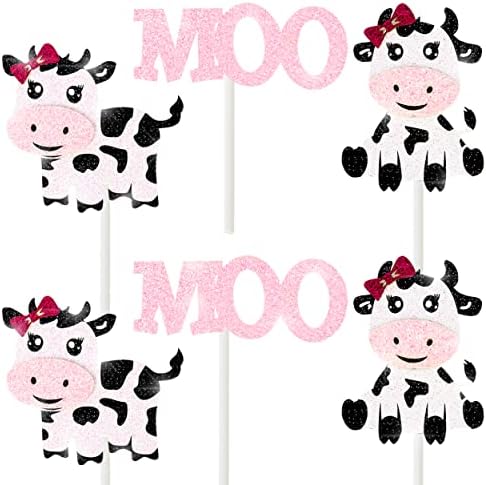 Cow Birthday Party Cupcake Toppers Pink Cow Party Cake Decoration for Kids Farm Animal Theme Birthday Baby Shower Supplies