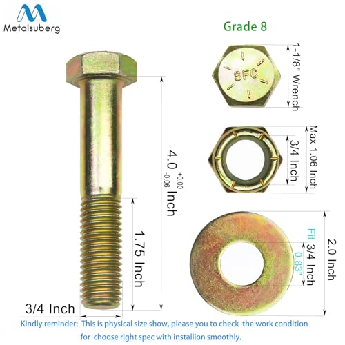 Image of 3 /4 inch x 4 inch Hex Head Bolt by Color Galvanization with Nylon Lock nut and Large Size Washer Assortment Kit,Alloy Steel,Grade 8.(4pcs Pack). by Metalsuberg