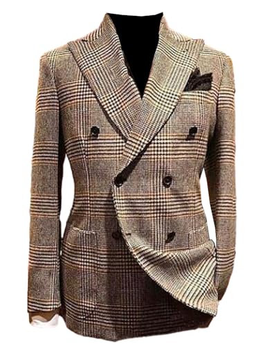 Men's Houndstooth Suit Jacket Double Breasted Blazer Formal Wedding Christmas Tuxedos Coat