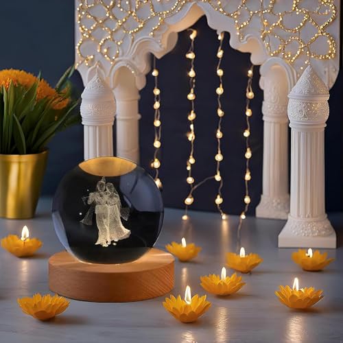 Image of COVACURE 3D Radha Krishna Crystal Ball Night Lamp, Solar System Radha Krishna Idol Crystal Ball Night Light, USB Table Colorful LED Wooden Base Lamp for Home, Office, Birthday Gift