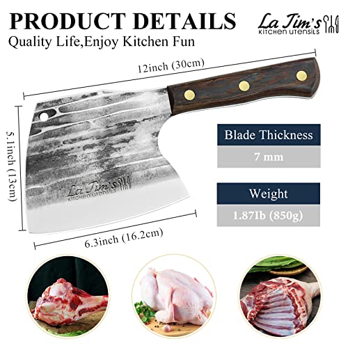 Foto von LA TIM'S Hackmesser, 0,85KG schweres Hackbeil, handgeschmiedetem Kohlenstoffstahl Fleischbeil, Fleischermesser zum Hacken von Knochen, Massivholzgriff