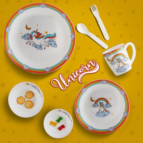 Image of CELLO Kidzbee Unicorn Design Set of 7 Pieces Opalware Kids Dinner Set, White | Food Grade Toughened OpalGlass, Microwave & Dishwasher Safe, Bone Ash Free, Stackble Bowls Mug & Plates Kids Dinner Set