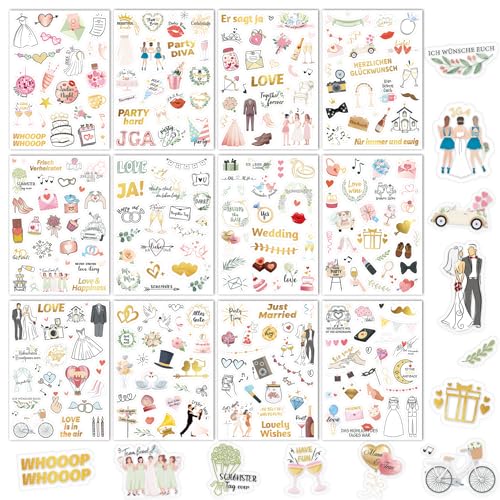 DPKOW JGA Sticker Hochzeit Gästebuch 12 Bögen Fotoalbum Aufkleber JGA Hochzeit Scrapbook Bullet Journal Stickers Liebe Love Wedding Deko Hochzeit JGA Aufkleber Junggesellinnenabschied Glitzer