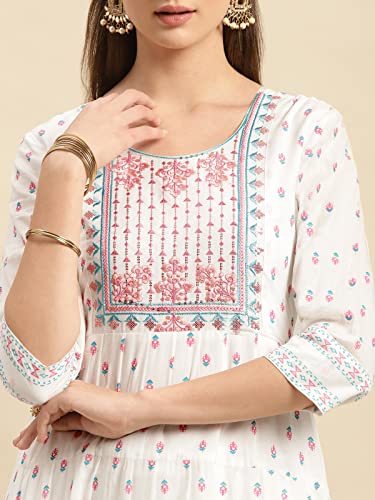 Image of rangita Off White Cotton Calf Length Embroidered Anarkali Kurti for Women | Kurta for Women