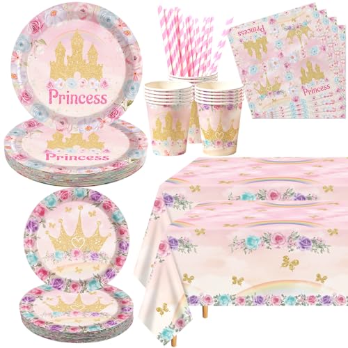 Décorations de fête d'anniversaire de princesse pour 20 invités, y compris assiettes à dîner, assiettes à dessert, tasses, serviettes, nappe, pailles, pour les...