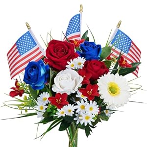 HUAESIN Artificial Flower Patriotic Memorial Bouquet Red White and Blue Decorations Cemetery Flowers for Grave Silk Floral Arrangement 4th of July Decorations for Home Table Entryway Decor Indoor