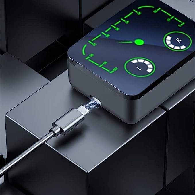 M90 Max charging case connected to a USB-C charging cable.