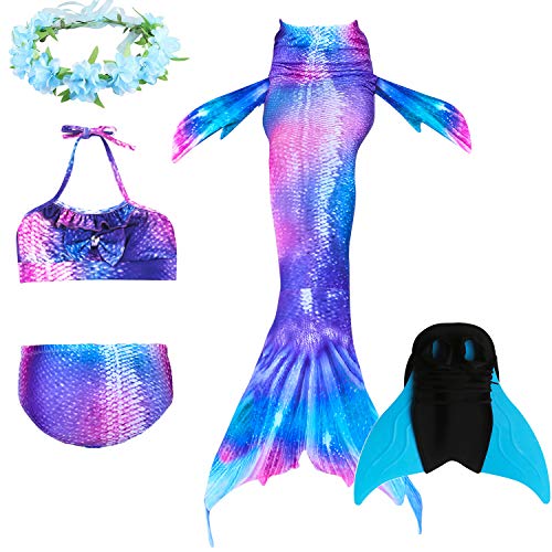 Preisvergleich Produktbild Decool Mädchen Meerjungfrau Schwanz Badeanzug - Prinzessin Cosplay Bademode für das Schwimmen mit Bikini Set und Monoflosse, 4 Stück Set