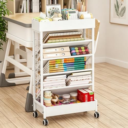 6-Tier Modern Book Cart with Wheels, Floor Standing Carbon Steel Book Rack Organizer for Office, Home & Library - Stylish White Storage for Books & Magazines