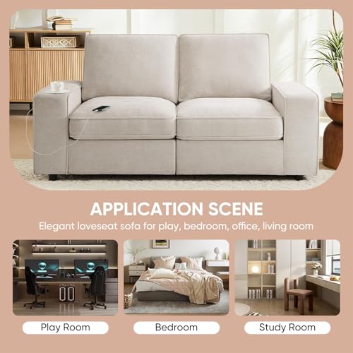 Image of Waxberry 71 inch Chenille Loveseat Sofa Couch for Living Room with Seat Storage, Modern 2-Seater Deep Seat Sofa with Side Pockets & Type-C /USB Ports, Detachable Backrest for Office, Apartment (Beige)