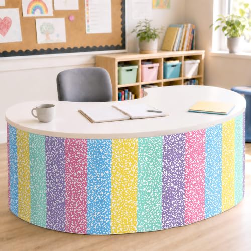 Image of 9FT Pastel Composition Table Skirt Teacher Desk Skirt for Colorful Composition Notebook Classroom Decor Rectangle Table Cover for Back to School Party Supplies Kindergarten Office Bookcase Cabinet