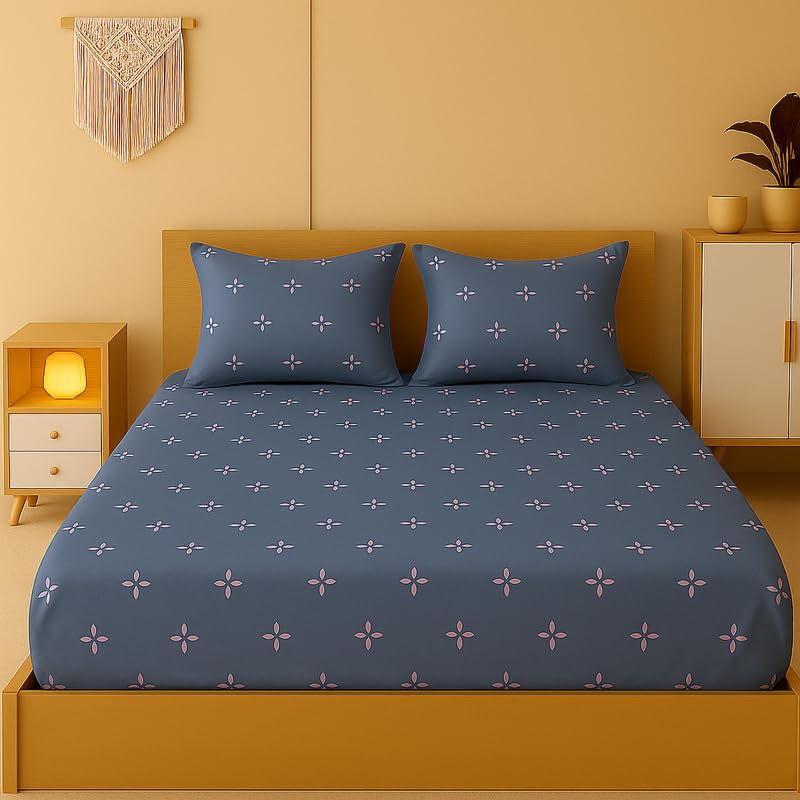 Image of NEW LEAF 320 TC Cotton All Around Elastic Fitted Printed Bedsheets King Size, Premium Fitted Bedsheets King Size for Double Bed with 2 Pillow Covers, Size- 78 inch x 72 inch Light Grey