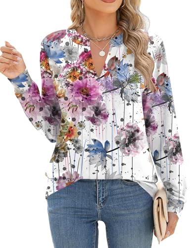 Zeagoo Women 2025 Tunic Tops Fall Outfits Boho Blouses Dressy Casual Pleated Henley V Neck Fitted Long Sleeve Shirts Graphic Floral Winter Formal Soft Cute Top Colorful