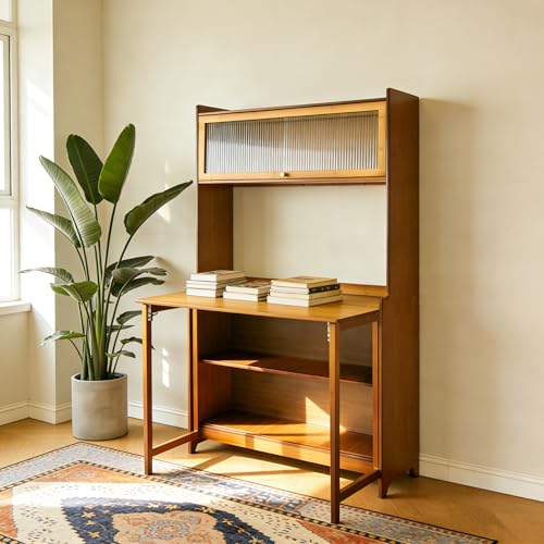 Image of Folding Desk with Storage, Bamboo Foldable Computer Desk for Small Spaces, Small Writing Desk with Shelves for Bedroom Dorm Home Office