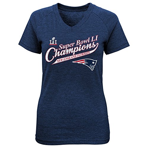 Outerstuff NFL New England Patriots Super Bowl 51 Brandish Trophy V-Neck Short Sleeve Tee, Navy, Large (14)