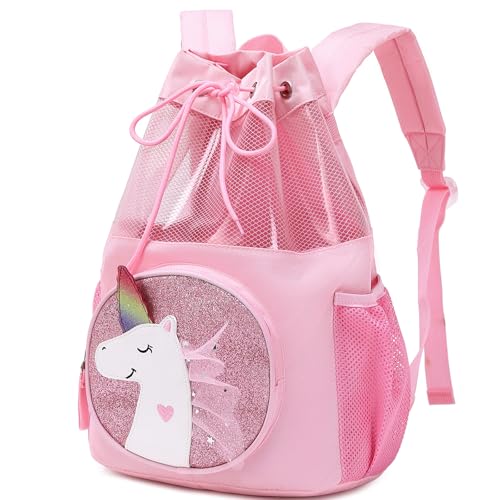 mygreen Unicorn Gifts for Girls - Unicorn Bag, Children Boy Girl Cartoon Print Drawstring Backpack Outdoor Casaul Portable Shoulder Bag Swim Gymsack Sack Pack Pink Lace Mesh by mygreen - Used condition - US$20.78