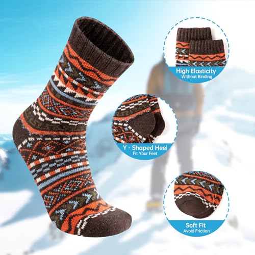 COOPLUS Wool Socks Mens Thick Winter Warm Hiking Pattern Thermal Crew Socks for Cold Weather 5 Pairs2