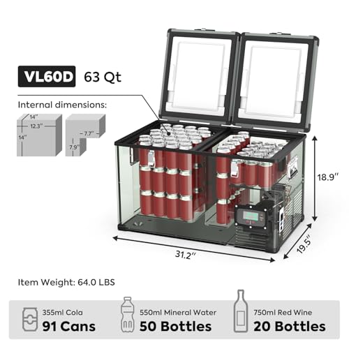 Image of ICECO VL60 12V Dual Zone Portable Freezer, 63Qt 12 Volt Refrigerator Powered by SECOP, 0-50F, 12 /24VDC&110-240VAC, 12v Fridge Electric Cooler Refrigerator For Car&Indoor, with Extension DC Cable