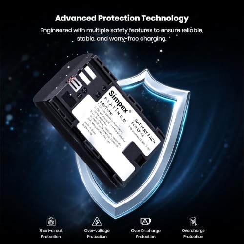 Image of Simpex LP-E6 Rechargeable Camera Battery 6300mAh Lithium-ion Replacement Battery Compatible with Canon EOS XC10, XC15, 60D, 70D, 80D, 5D Mark II /III /IV, 5DS, 5DS R, 6D, 6D Mark II & 7D Series(Black)