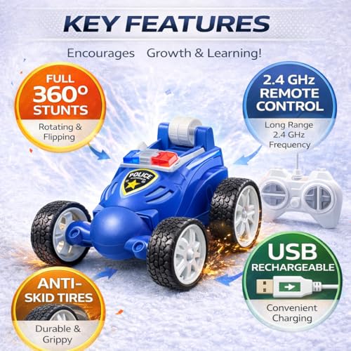 Image of Remote Controled Police Stunt Car Toy, All-Terrain Performance, 360 Rotating Rolling LED Flashing Lights with Police Siren Sound, Anti-Skid Rubber Tires, Grey, C Type Rechargeable 368PO Blue