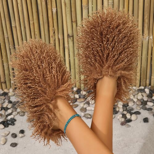 Image of Unisex Fuzzy Faux Fur Slippers, Women's Fluffy Long Hair Sheep Faux Fur Slip on Slides, Girls Luxury Big Fluffy Outdoor Flat Slippers, Long Curly Hair Non-Slip Warm Home Slide Shoes