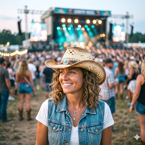 Image of TOVOSO Straw Cowboy Hat for Women and Men with Shape-It Brim, Western Cowboy Hat, Orange /Beads - Tea Stain