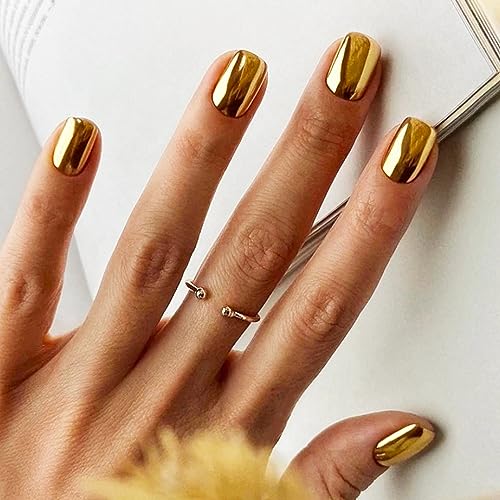 Gold Press on Nail Square Fake Nail Glue on Nail Gold Mirror Nail...