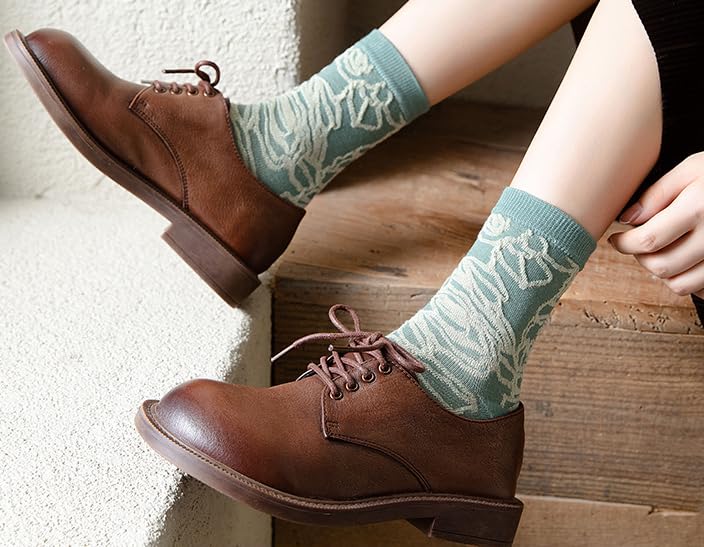 5 Pairs Charming Vintage Embroidered Floral Crew Socks for Women - Combed Cotton Elegance Size5-82