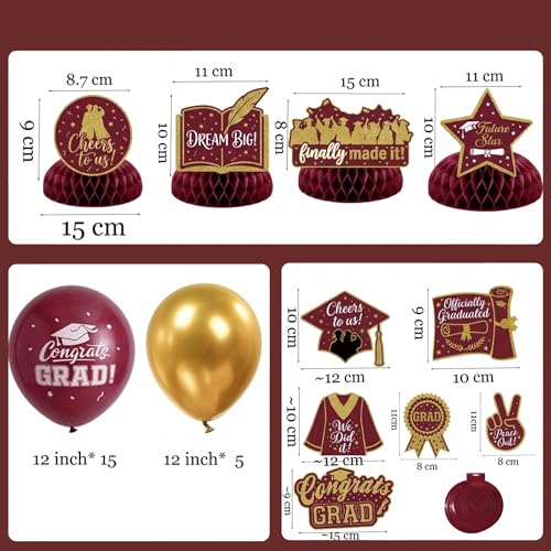 Image of Maroon Gold Balloons Burgundy GRAD Print Balloons with Banner Table Honeycomb Centerpieces Hanging Swirl trophy star GRAD Letters Mylar Balloons for 2026 graduate Prom Decorations
