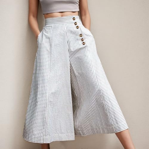 TIAFORD Striped Linen Pants Women Casual Loose Button High Waisted Wide Leg Trousers with Pockets Baggy Cropped Pants2
