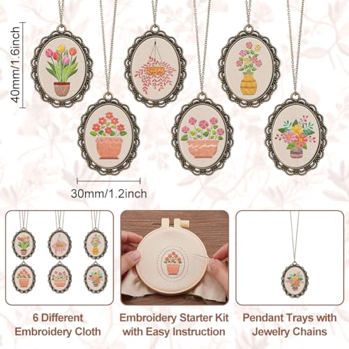 Image of INFUNLY 6 Sets DIY Flower Necklace Embroidery Kit for Adult Beginner Embroidery Pendant Kit Floral Theme Embroidery Necklace Kit Flower Leaf Cross Stitch Kits with Instructions for Women Gift