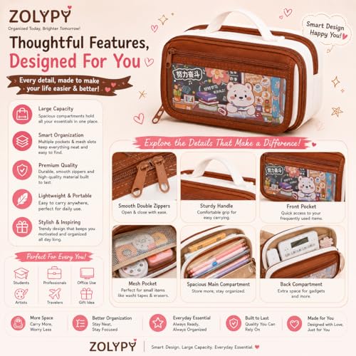 Image of Kawaii Cute Aesthetic Pencil Case for Girls & Boys | 3 Layer 6 Compartment Large Capacity Pencil Pouch with Zipper | Cartoon Stationery Organizer Bag for Students & Kids (Beige Brown)