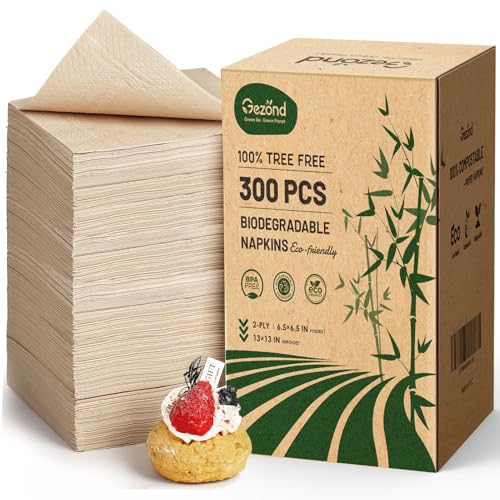 Gezond 300pcs Compostable Paper Napkins, Disposable Dinner Napkins 13 x 13 in Unbleached 2-ply Eco Lunch Tissue Natural