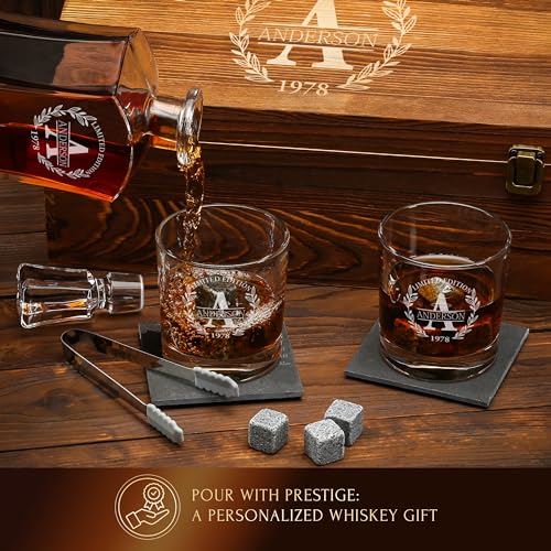 Personalized Whiskey Decanter and Stones Set - Customized Gift for Him - Men, Dad, Father - Engraved Old Fashioned Decanter, Glasses, 9 Granite Stones in Container, Coasters, Tongs in Wooden Gift Box - Image 6