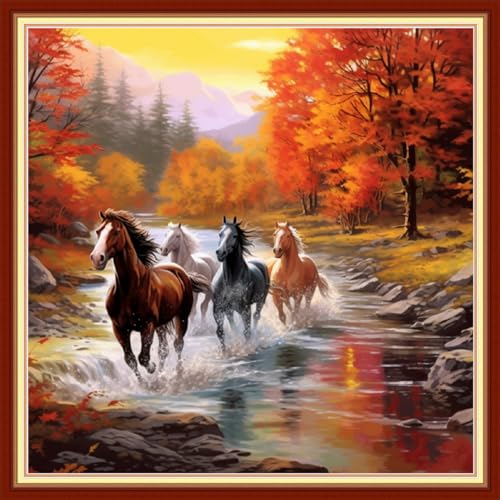 Image of Dimxvean Stamped Cross Stitch Kits,Cross Stitch Kits for Adults Beginners,Embroidery Kits Full Range of Cross Stitch Stamped Kits Needlepoint Kits Cross Stitch Patterns-Galloping Horse 18x18 inch