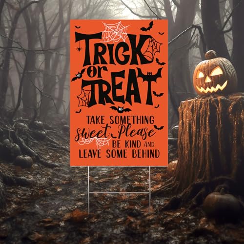 Marspark Trick or Treat Halloween Candy Sign 24 x 16 Inches Large Spooky Bat Spider Outdoor Sign for Halloween Party Home Yard Lawn Garden Trick or Treat Orange Black Decor