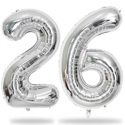 Image of 26 Balloons Number, Giant Silver Number 2 & 6 Helium Foil Balloon for Women 26th Birthday Decor, 40 Inch Self Inflating Mylar Number 26 Balloons for Man 62 Anniversary Party Decorations Supplies