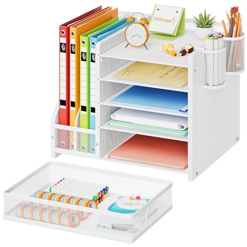 Image of Marbrasse Desk Organizer with File Holder, 5-Tier Paper Letter Tray Organizer with Drawer and 2 Pen Holder, Mesh Desktop Organizer and Storage with Magazine Holder for Office Supplies (Wood-White)