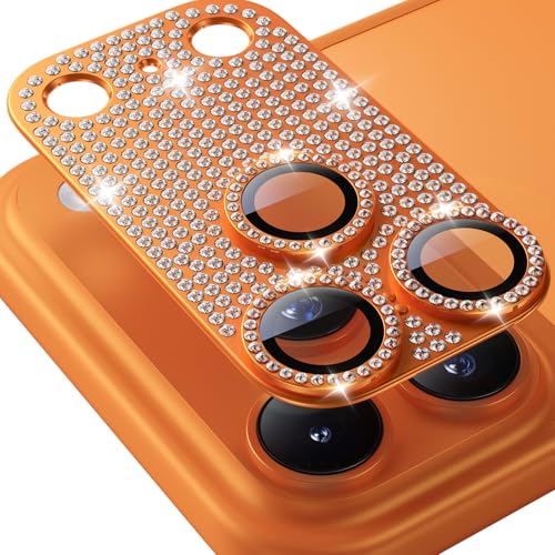 Image of Hoerrye Bling Diamond Camera Lens Protector for iPhone 17 Pro Max - [1:1 Full Coverage][Strong Adsorption] 9H+ Tempered Glass Screen Protective Cover Case Friendly,Glitter Orange