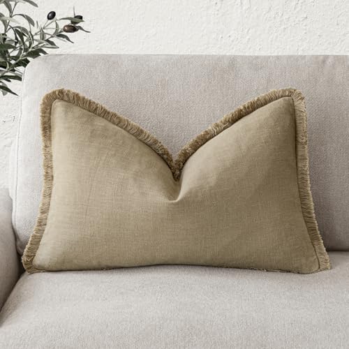 Image of Foindtower Decorative Linen Fringe Throw Pillow Covers Boho Farmhouse Cushion Cover with Tassels Soft Accent Pillowcase for Chair Sofa Bed Living Room Home Decor, 12x24 Inch, 1PC,Light Khaki Taupe